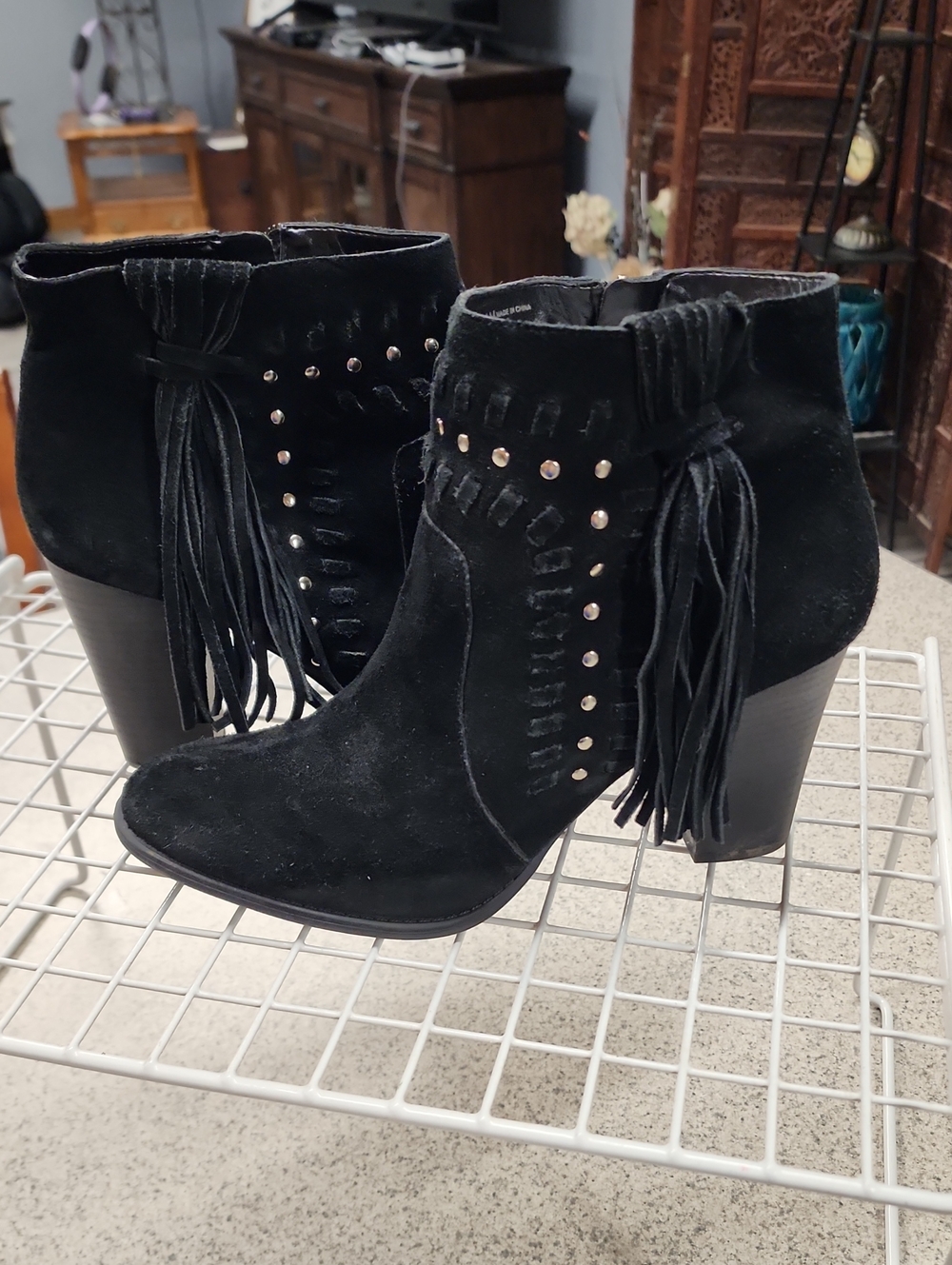 INC International Concepts Black Suede Fringe Studded Ankle Boots